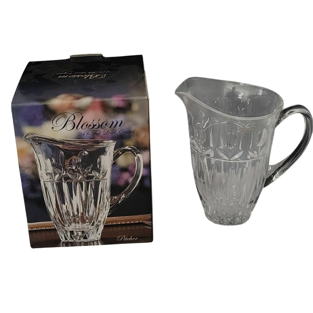Blossom Clear Floral Etched 24% Lead Crystal Pitcher Vase Made in Poland VTG